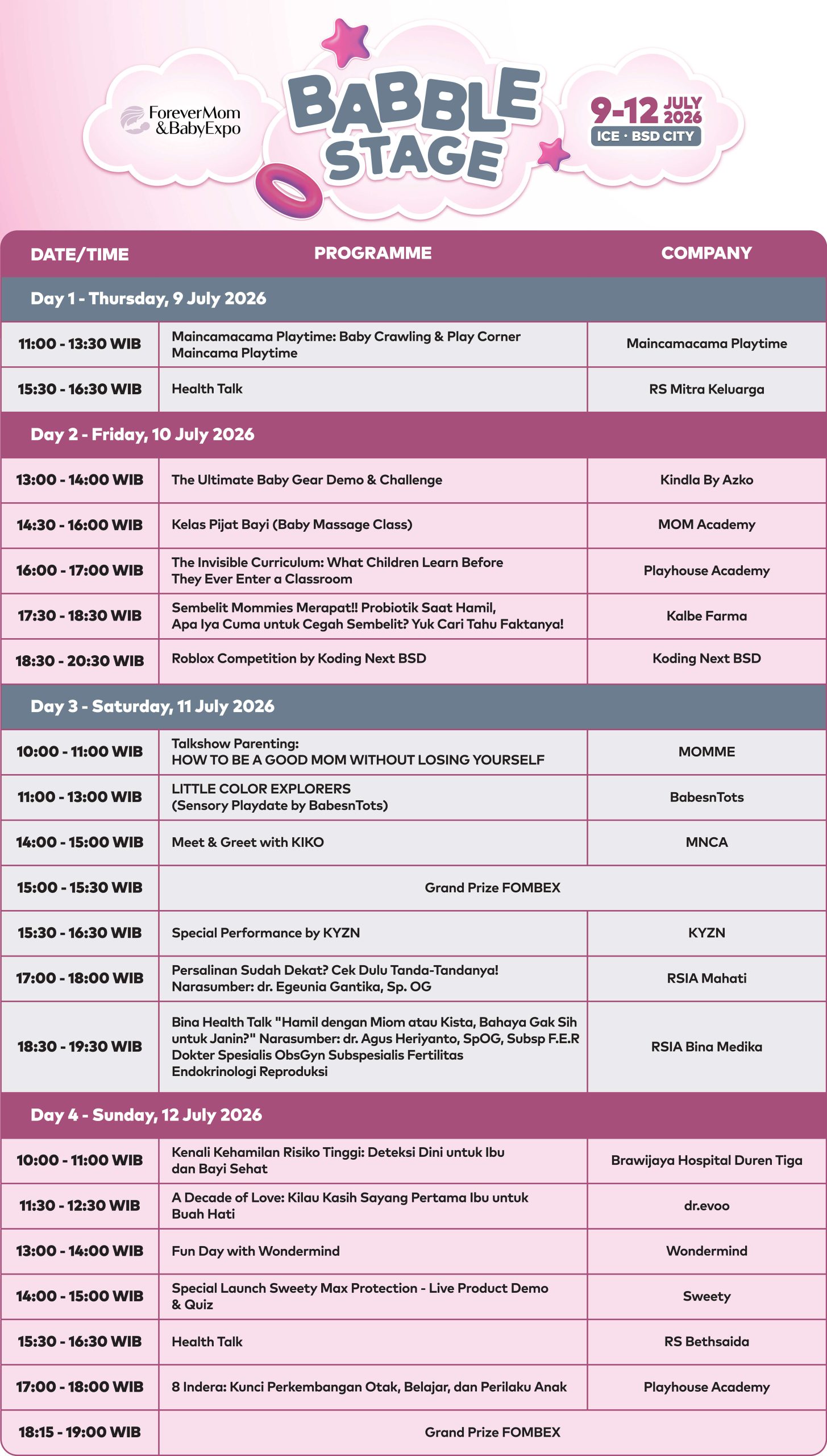 Stage Rundown Big Picture Activities 2026 | Forever Mom & Baby Expo
